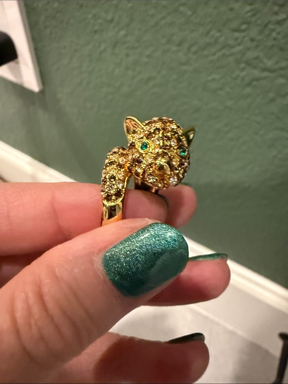 Park Lane Gold Crystal Leopard Ring with Green Eyes